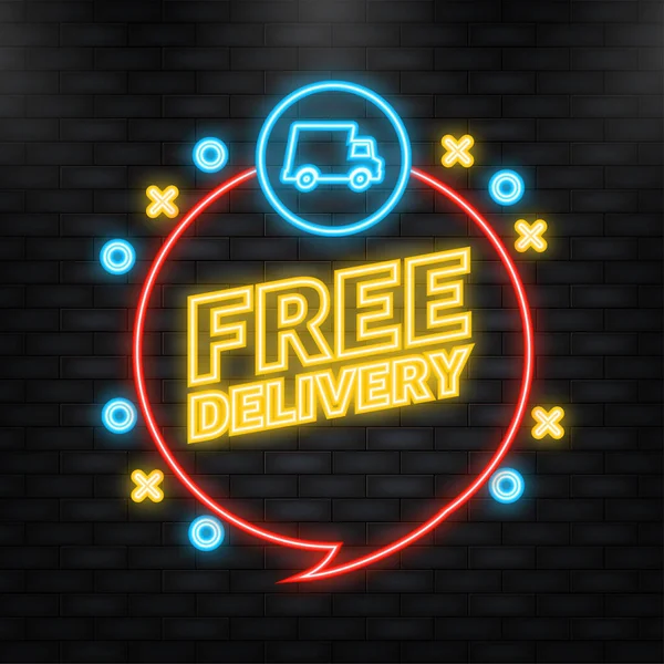 Neon Icon. Free delivery service badge. Free delivery order with car on white background. Vector illustration. — 스톡 벡터