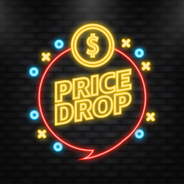 Neon Icon. Advertising with flat price drop for banner design. Vector background. Sale banner. Mega sale. Price tag. — Archivo Imágenes Vectoriales
