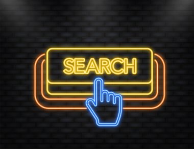 Neon Simgesi. Web pazarlama tasarımı için beyaz arkaplanda menekşe arama neon düğmesi olan simge. Düz ayar.