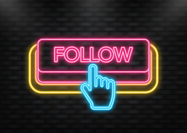 Neon Icon. Follow blue 3D button with hand mouse on white background. Vector illustration — Vettoriale Stock