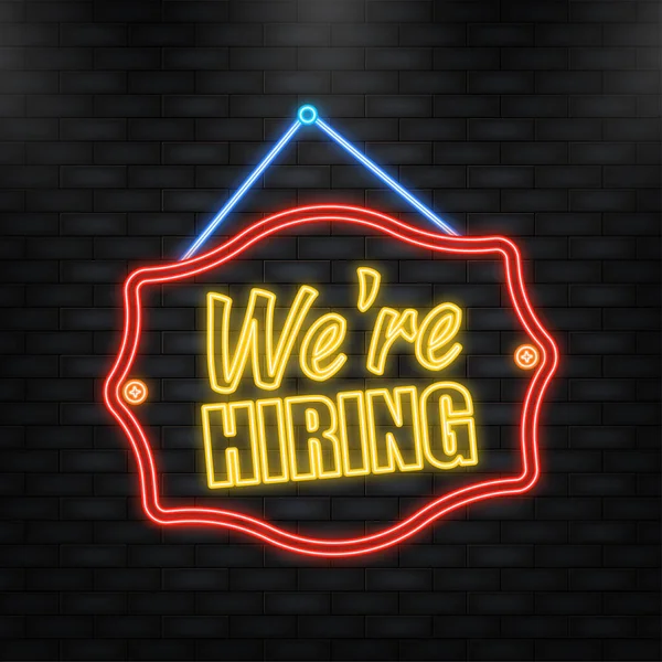 Neon Icon. Come in We are hiring hanging sign on white background. Sign for door. Vector illustration. — ストックベクタ
