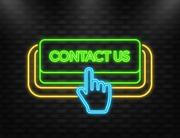 Неоновая икона. Иконка с зеленым свяжитесь с нами неоновая кнопка на белом фоне для веб-маркетинга дизайна. Плоская доска — стоковый вектор