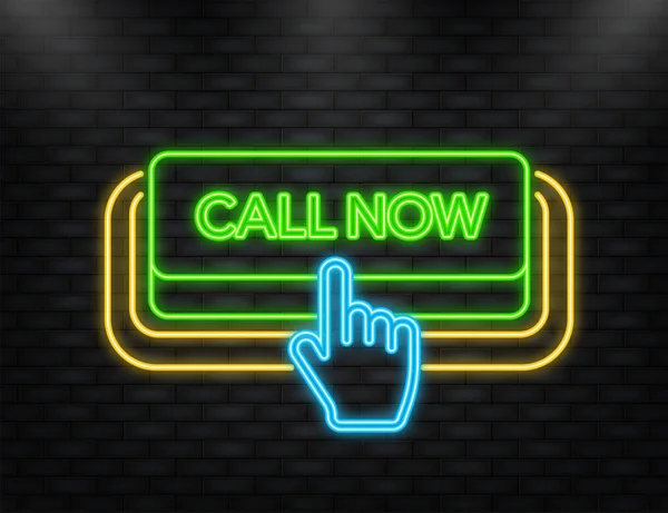 Neon Icon. Ikona se zeleným call nyní neonové tlačítko na bílém pozadí pro web marketing design. Rovný úklon. — Stockový vektor