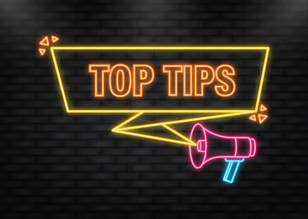 Neon Icon. Top tips megaphone yellow banner in 3D style on white background. Vector illustration — ストックベクタ