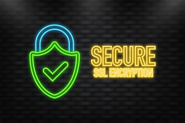 Neon Icon. SSL encryption secure badge on white background. Green banner. Vector illustration — ストックベクタ