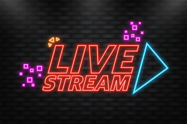 Neon Icon. Live stream logo - red vector design element with play button for news and TV or online broadcasting. — Image vectorielle