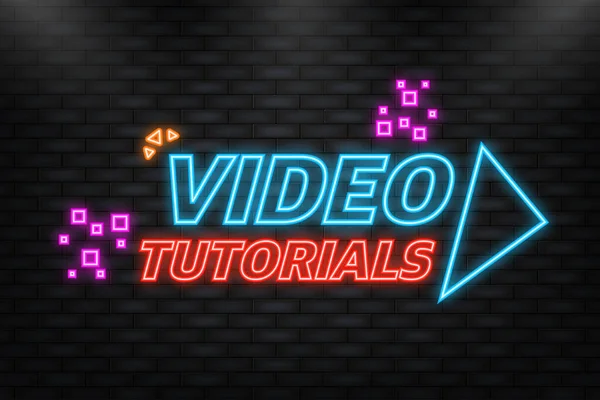 Video tutorial neon icon on blue background. Video tutorial banner. — Vector de stock