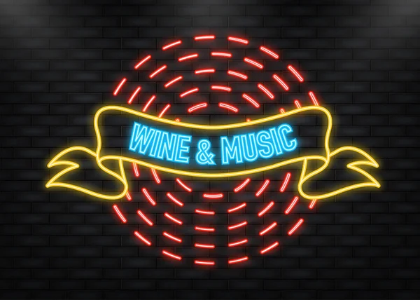 Icona al neon. Nastro di vino e musica in stile retrò. Disegno vettoriale. Bandiera vettoriale. Mostra prestazioni. — Vettoriale Stock