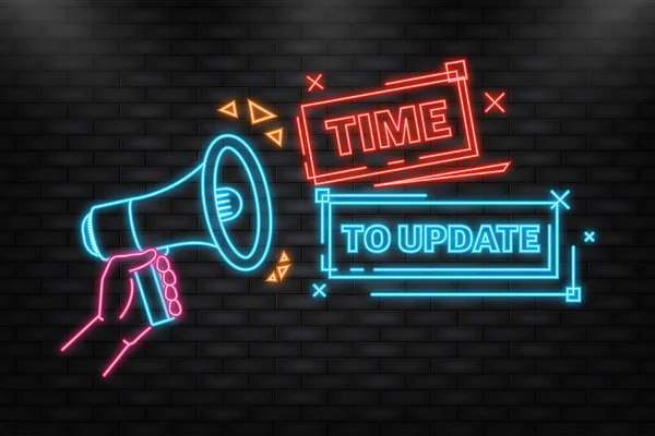 Neon Icon. Megaphone blue banner with time to update sign. Vector illustration. — ストックベクタ
