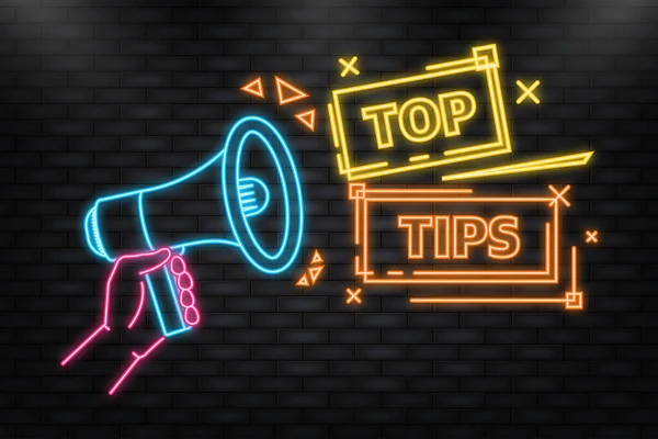 Neon Icon. Top tips megaphone yellow banner in flat style. Vector illustration — Image vectorielle