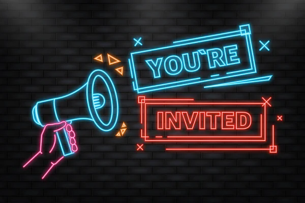 Neon Icon. You are invited megaphone yellow banner. Vector illustration — Vettoriale Stock