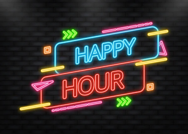 Ícone de néon. Banner happy hour em fundo escuro. Design elegante. Banner de venda. Ilustração vetorial. —  Vetores de Stock