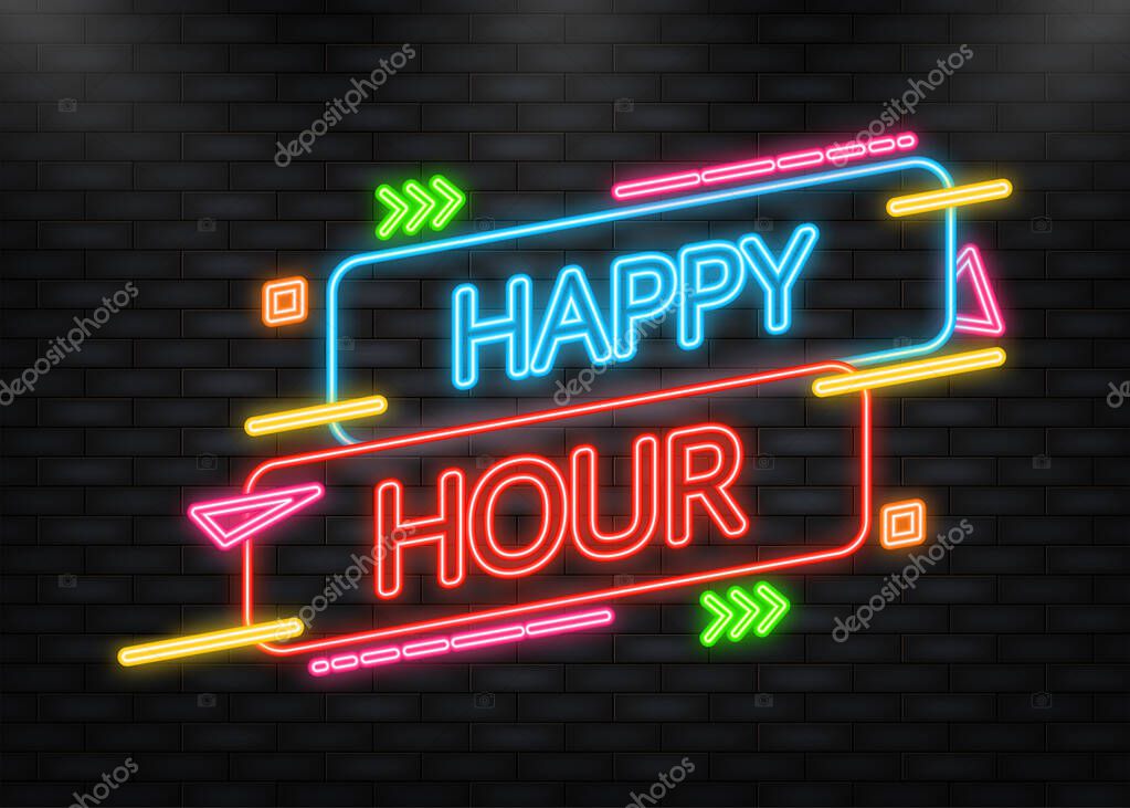 Neon Icon. Banner happy hour on dark background. Elegant design. Sale banner. Vector illustration