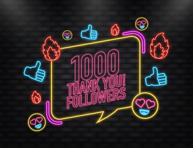 Sarı arka planda 1000 takipçiye teşekkür ederim. Beyaz arka plan. Vektör tasarımı. Düz dizayn. Sosyal medya.