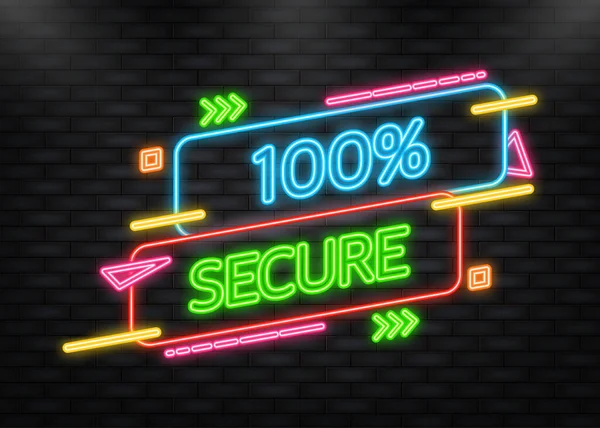 Neon Icon. 100 percent Secure banner vector stamp. Badge or button for commerce website on blue background. — ストックベクタ