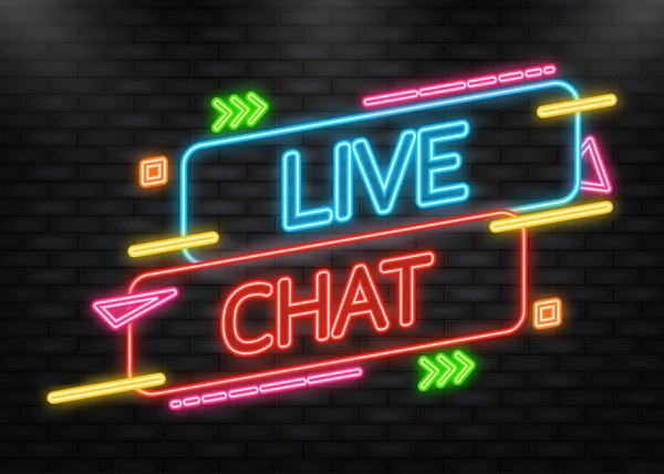 Chat en vivo en estilo neón. Centro de llamadas de soporte en línea. Servicio al cliente. Comentario del cliente. Botón Live. — Vector de stock