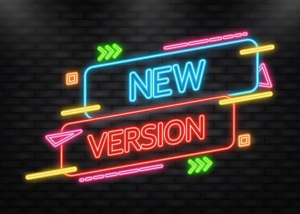 New version neon label on blue background. Red banner. Vector illustration — ストックベクタ
