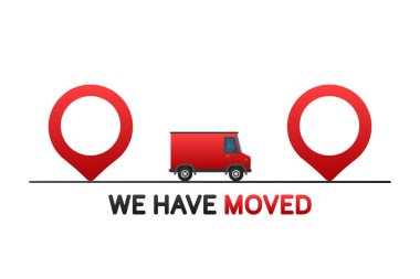 Taşındık. Beyaz arkaplanda düz rozet vektör çizimi