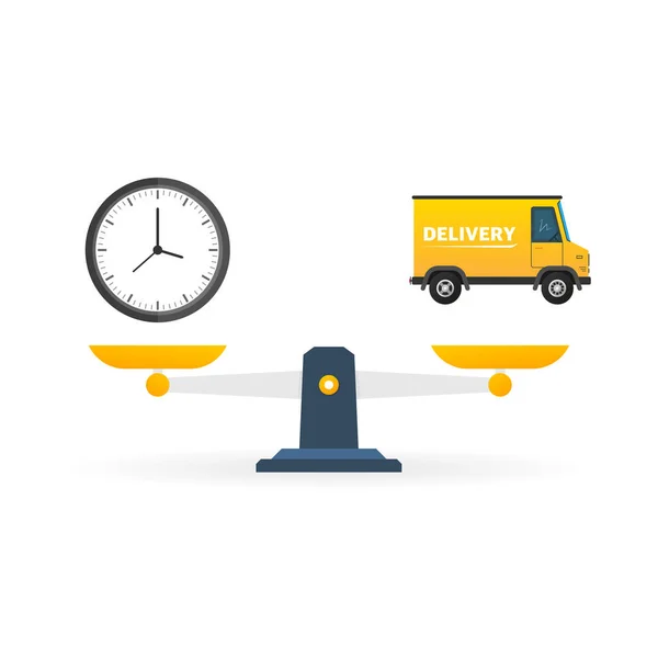 Placa de servicio de entrega urgente. Pedido de entrega de tiempo rápido con coche sobre fondo blanco. Ilustración vectorial — Vector de stock