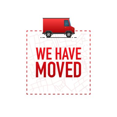 Taşındık. Beyaz arkaplanda düz rozet vektör çizimi