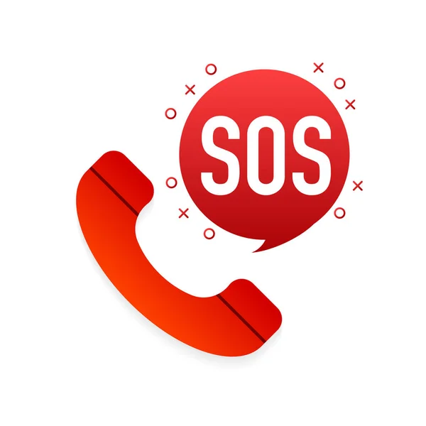 SOS kirjoitus puhelimen kuvaketta eristetty valkoisella taustalla. Varoituskello, auta allekirjoittamaan. Tasainen muotoilu. Vektorikuvaus. — vektorikuva