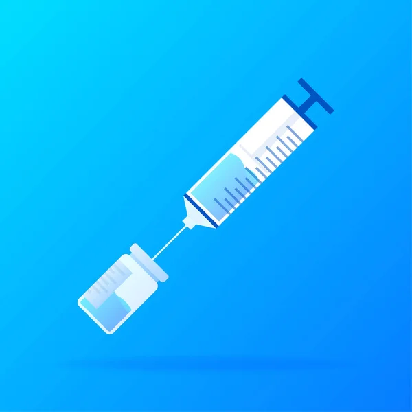Ícone vetorial COVID-19 da vacina. Frasco para injetáveis de seringa e vacina azul. Ilustração vetorial — Vetor de Stock