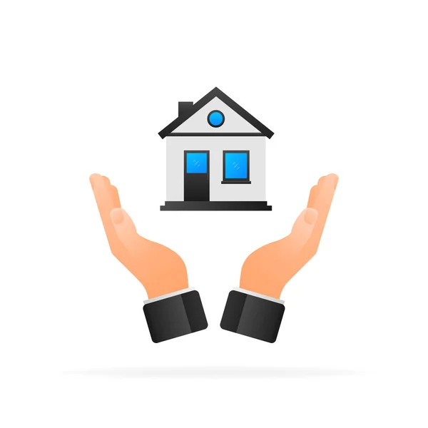 Hand holding house building. 3d vector illustration. Flat digital vector illustration — Vetor de Stock