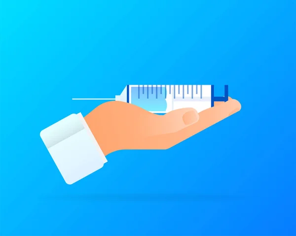 Impfstoff COVID-19 Vektorsymbol. Spritze und blaue Impfflasche. Vektorillustration — Stockvektor