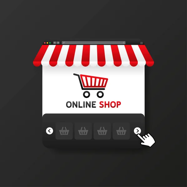 PC con e acquistare schermo. Concetto shopping online. — Vettoriale Stock