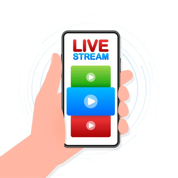 Live stream with smartphone - red vector design element with play button for news and TV or online broadcasting. — Vettoriale Stock