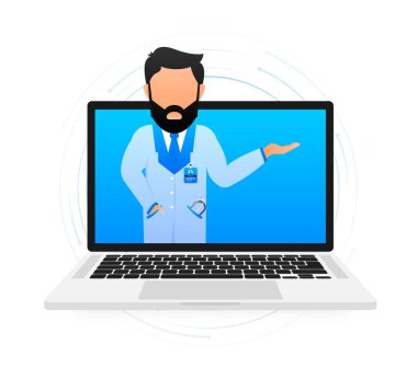 Online tıbbi bakım doktoru. Vektör izometrik çizim. Sağlık hizmetleri illüstrasyonu.