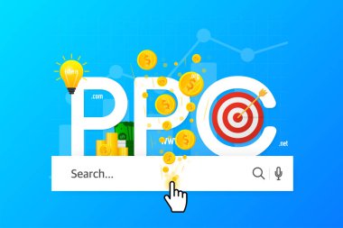 Cartoon illustration on blue backdrop. Abstract ppc for marketing advertising design. Isometric illustration