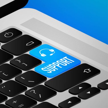 Blue support button on gold background. Dialog, chat speech bubble