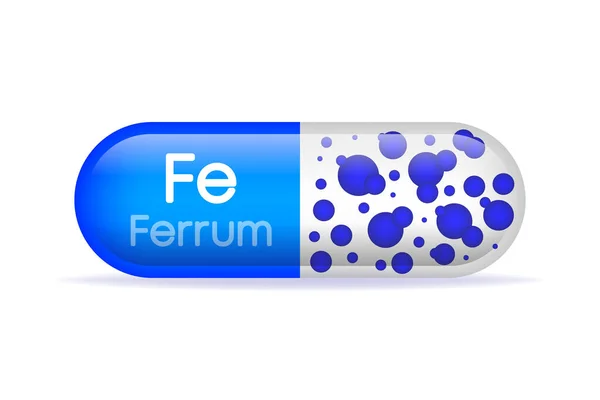 Mineral Fe Ferum blue shining pill capsule. Vector illustration — Wektor stockowy
