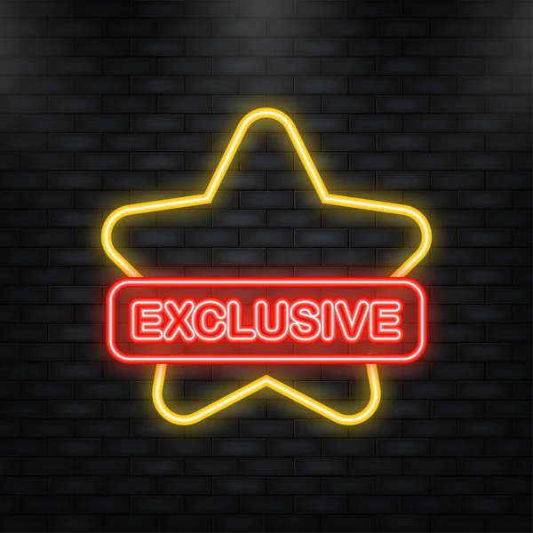 Exclusive with star neon icon. Flat ribbon banner on yellow backdrop. Sale offer price sign. Discount promotion — Vettoriale Stock