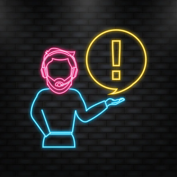 Smartphone com sinal de perigo com o homem na tela no fundo vermelho. Ícone de néon. Ilustração vetorial — Vetor de Stock