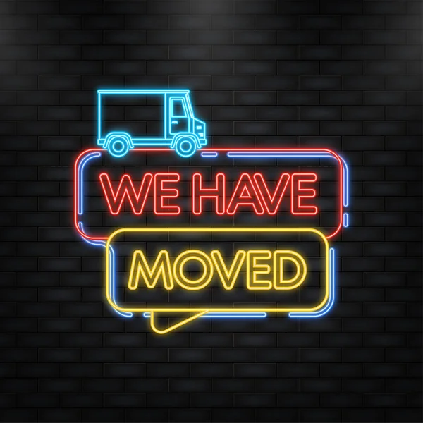 We have moved. Neon icon. Flat badge vector illustration on white background — Stockový vektor