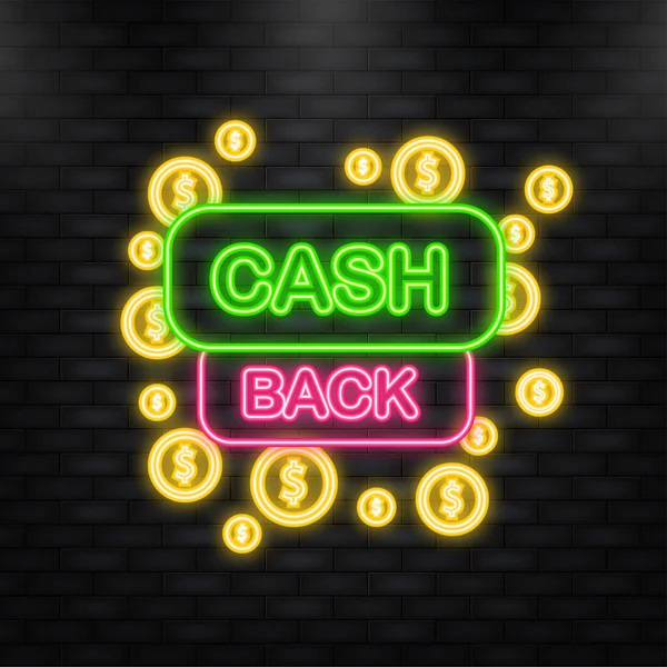 Cashback concept logo. Neon icoon. Cash terug groene banner op witte achtergrond. — Stockvector