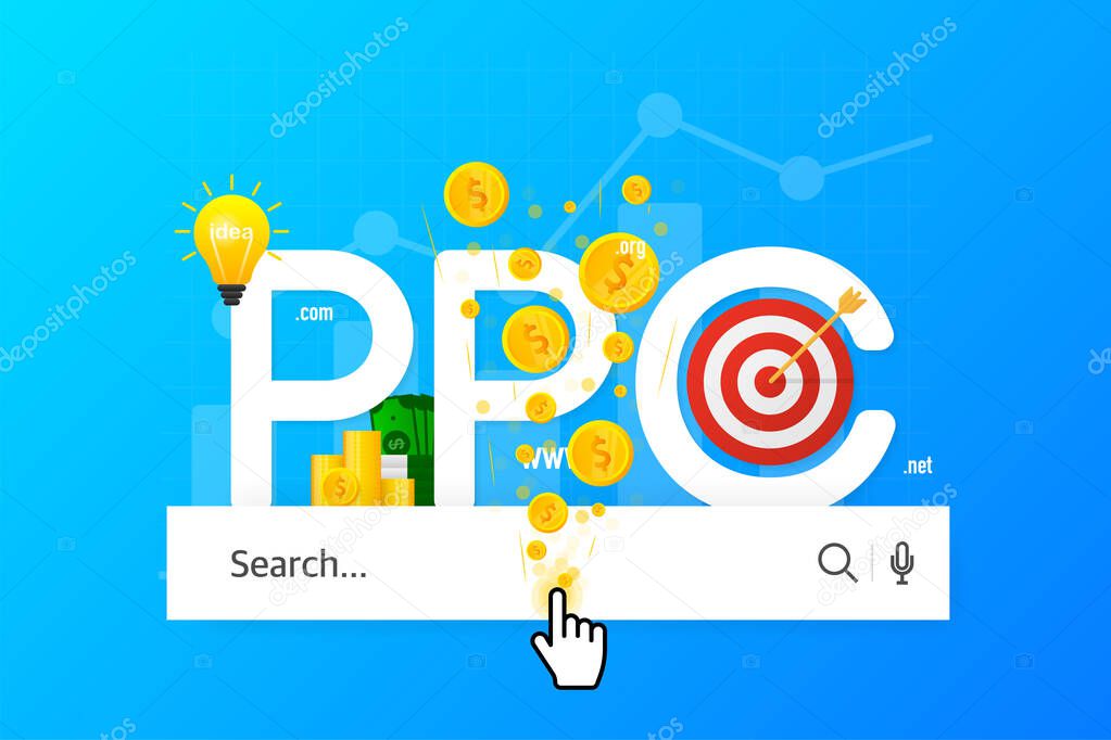 Cartoon illustration on blue backdrop. Abstract ppc for marketing advertising design. Isometric illustration