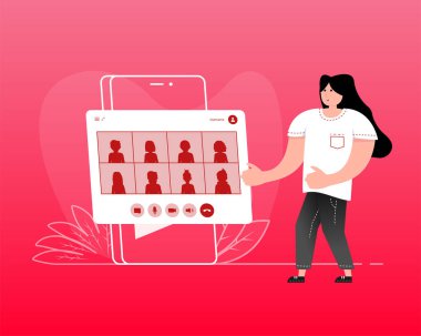 Çevrimiçi konferans insanları. Düz vektör çizimi. Vektör illüstrasyonu