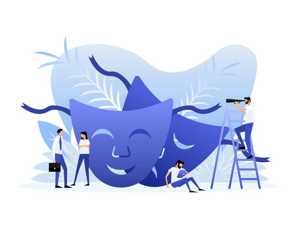 Комедийные и трагические театральные маски. Плоские персонажи. Векторная иллюстрация.