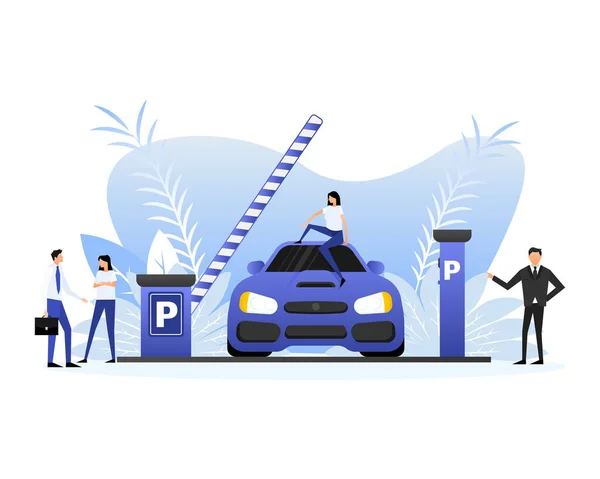 Flat Stijl Parkeren Met Auto Mensen Cartoon Vector Illustratie — Stockvector