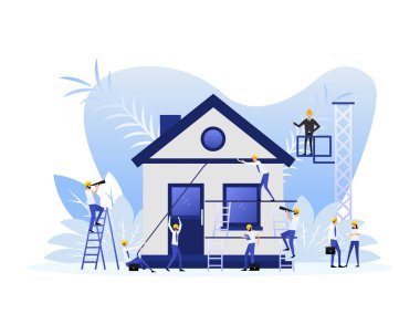 Flat icon with house construction people for site design. Vector line illustration.