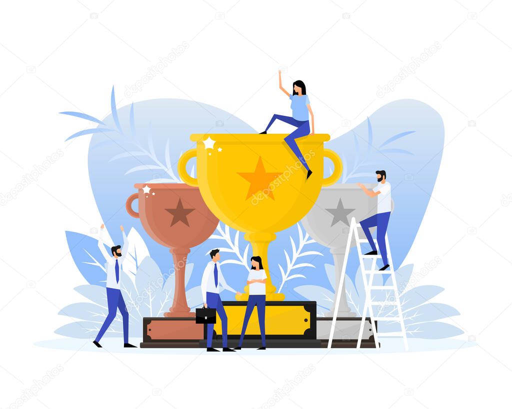 Success award people in flat style on gold background. Champion trophy, gold cup. Flat illustration