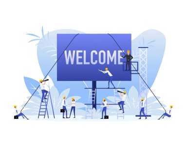 Welcome flat placard with people business banner. Vector illustration.
