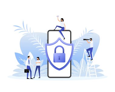 Güvenlik kilidi olan çizgi film insanları. Dijital banka. Düz vektör illüstrasyonu.