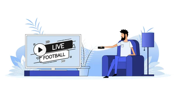 Man Sits Couch Switch Channel Live Football — Stockvector