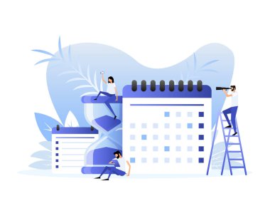 Buluşma zamanı. Takvim ikonu ve insanlar. Çizgi film insanları vektör illüstrasyonu.