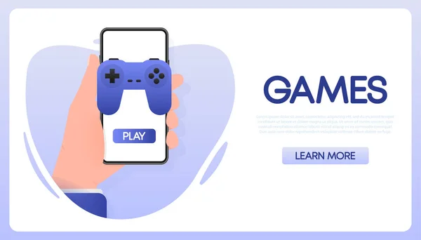 Games people in flat style. Cartoon video game. Vector illustration. Hand holding mobile phone.