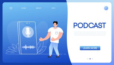 Konsept tasarım için podcast yapan insanlarla karikatür çizimi. Sosyal medya konsepti. Vektör çizimi.